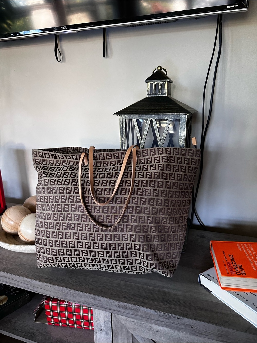 Fendi Brown Monogram Tote with Tan Leather Handles